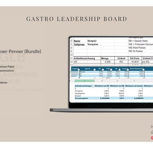 Könnte beinhalten: Ein Laptop zeigt eine Tabelle mit Finanzdaten, einschließlich Kostenberechnungen und Prozentsätzen. Der Bildschirm zeigt "Gastro Leadership Board" mit dem Text "Preiskalkulation + Renner-Penner (Bundle)" und eine Schaltfläche "Jetzt kaufen".