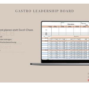 Puede incluir: Una computadora portátil muestra una hoja de cálculo titulada "Dienstplan" (Lista de tareas). La pantalla muestra un horario con filas y columnas. El texto del lado izquierdo promociona la "Gastro Leadership Board" para una planificación eficiente.
