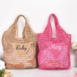 Personalized Raffia Beach Tote Bag: Handwoven Custom Initial