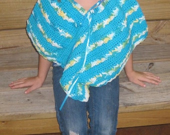 Teal Striped crocheted cotton ponchos M & L with beanie hat for child