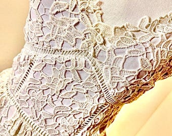 White lace midi dress with pockets, lined crochet overlay, romantic boho /  In a DREAM: country wedding dress (244)