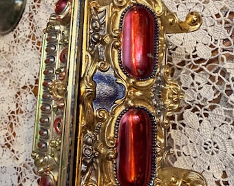 Antique French Jewelry Box Gilt Bronze Ruby Cabochon Box Trinket Box