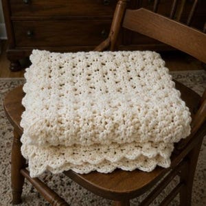 heavy hand crocheted blanket white Afghan Blanket Heavy Raised Shell Stitch 54” x 64” image 8