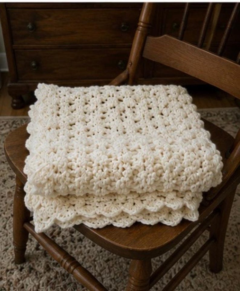 heavy hand crocheted blanket white Afghan Blanket Heavy Raised Shell Stitch 54” x 64” image 8