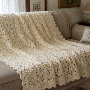 heavy hand crocheted blanket white Afghan Blanket Heavy Raised Shell Stitch 54” x 64” image 5