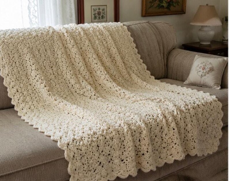 heavy hand crocheted blanket white Afghan Blanket Heavy Raised Shell Stitch 54” x 64” image 5
