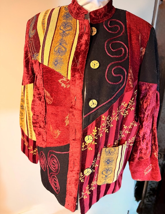 Maroon Indigo Moon velvet patchwork button front … - image 7