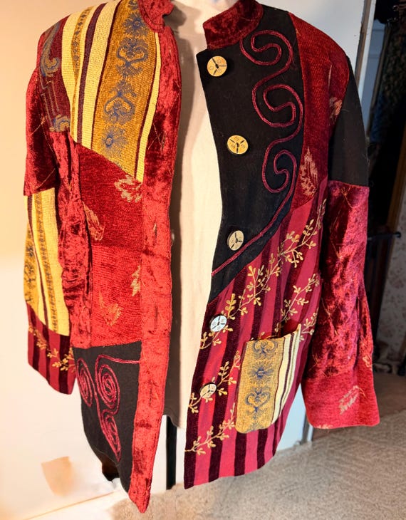 Maroon Indigo Moon velvet patchwork button front … - image 4