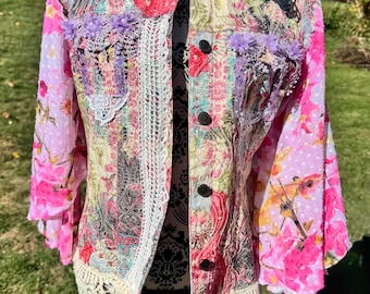 Peach Couture Jacket: UPCYCLED HANDMADE Vintage Lace, Pearl Embellished unique.  Rare!