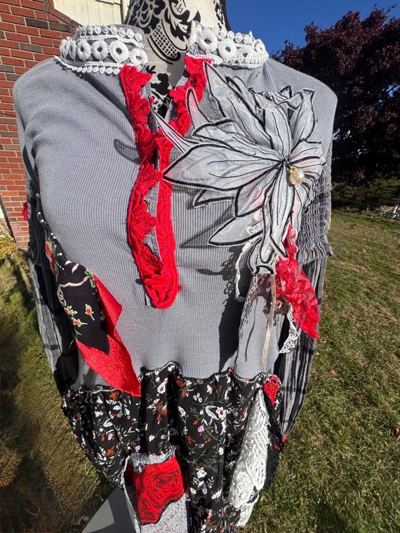Upcycled Grey Dress with Red Rose Appliqu, Vintage Lace Trim