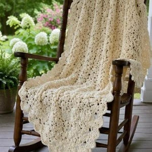 heavy hand crocheted blanket white Afghan Blanket Heavy Raised Shell Stitch 54” x 64” image 3