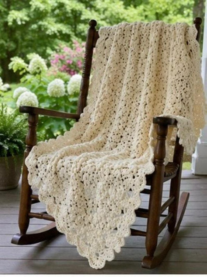 heavy hand crocheted blanket white Afghan Blanket Heavy Raised Shell Stitch 54” x 64” image 3