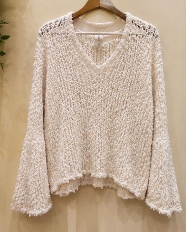 Free People Ivory Bell Sleeve Sweater Soft Slouchy Comfort Pullover Size S/M CreamCoastal image 1