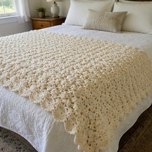 heavy hand crocheted blanket white Afghan Blanket Heavy Raised Shell Stitch 54” x 64” image 10