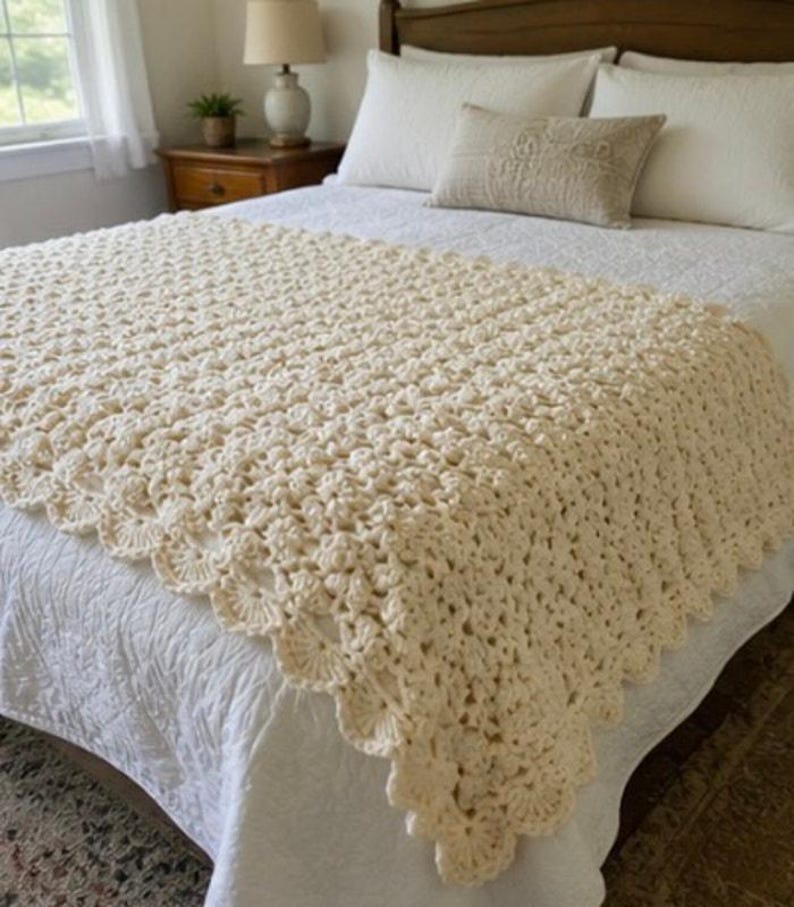 heavy hand crocheted blanket white Afghan Blanket Heavy Raised Shell Stitch 54” x 64” image 10