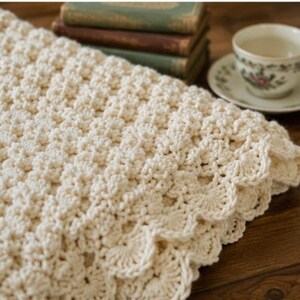 heavy hand crocheted blanket white Afghan Blanket Heavy Raised Shell Stitch 54” x 64” image 2
