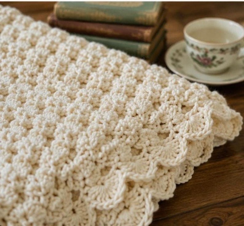 heavy hand crocheted blanket white Afghan Blanket Heavy Raised Shell Stitch 54” x 64” image 2