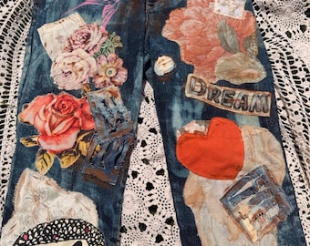 Uupcycled OOAK Handmade Upcycled Art Jeans Wearable Art Mixed Media Patchwork | Statement Denim