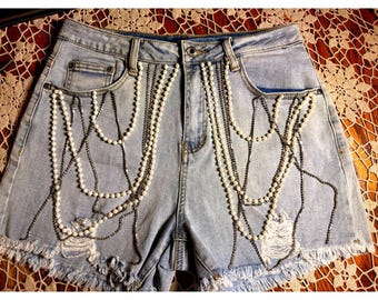 Denim Handmade Custom Perlen & Strass Fransen Denim Shorts | OOAK Mädchen