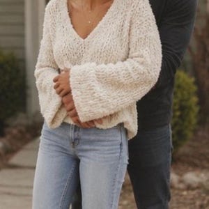 Free People Ivory Bell Sleeve Sweater Soft Slouchy Comfort Pullover Size S/M CreamCoastal image 2