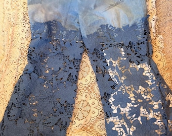 Lightwash denim XXL Floral lace bell bottom jeans  upcycled boho hippie crochet cutout embroidered pants   (339)