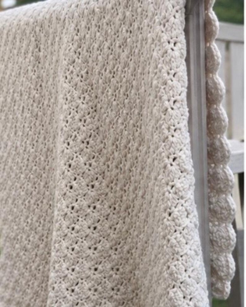 heavy hand crocheted blanket white Afghan Blanket Heavy Raised Shell Stitch 54” x 64” image 14