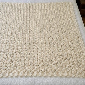 heavy hand crocheted blanket white Afghan Blanket Heavy Raised Shell Stitch 54” x 64” image 1