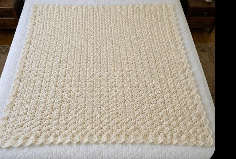 heavy hand crocheted blanket white Afghan Blanket Heavy Raised Shell Stitch 54” x 64” image 1