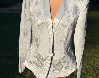 Vintage Ice Blue Beaded Jacquard Blazer Pearl Closure Formal Evening Jacket 80s 90s Satin Shimmer Coat Petite Chic