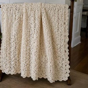 heavy hand crocheted blanket white Afghan Blanket Heavy Raised Shell Stitch 54” x 64” image 6