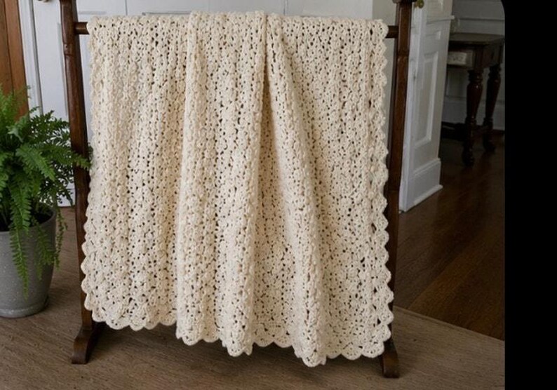 heavy hand crocheted blanket white Afghan Blanket Heavy Raised Shell Stitch 54” x 64” image 6