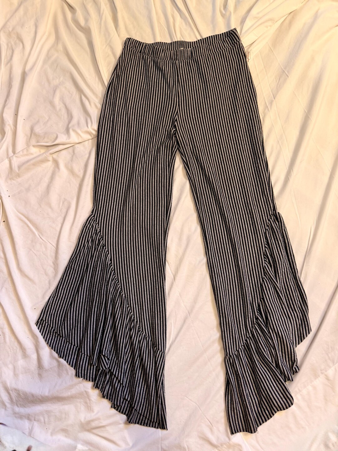 Zara Striped Ruffle Flare Pants • Black White Vertical Stripe Trousers ...