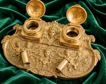 Antique Brass Double Inkwell Cherub Desk Set Art Nouveau Victorian Style Hinged Ink Pots Ornate Gold Tone