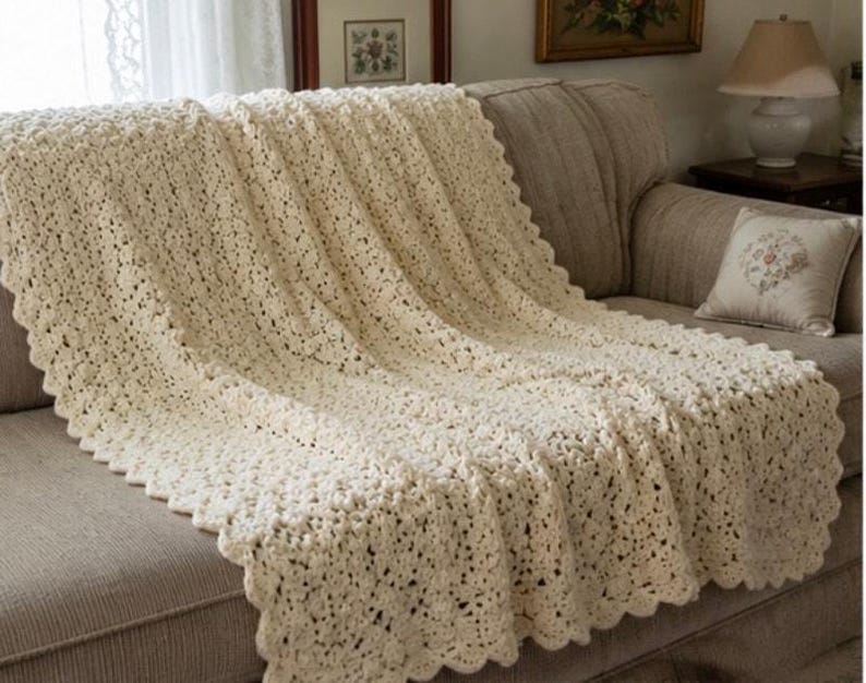 heavy hand crocheted blanket white Afghan Blanket Heavy Raised Shell Stitch 54” x 64” image 11