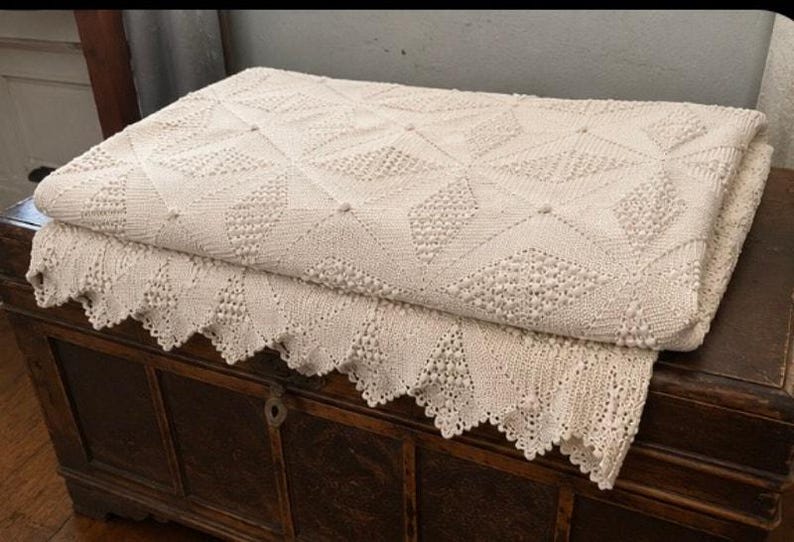 heavy hand crocheted blanket white Afghan Blanket Heavy Raised Shell Stitch 54” x 64” image 18