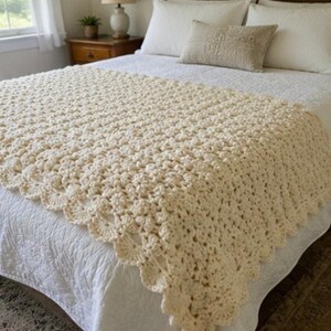 heavy hand crocheted blanket white Afghan Blanket Heavy Raised Shell Stitch 54” x 64” image 4