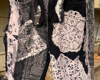 Black denim Jeans faux fur Flared bottoms punk gothic steampunk rock style sequin - (14)