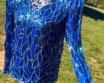 Blue sequin long sleeve top vintage vivid