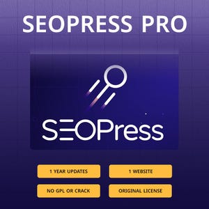 May include: A digital graphic with the text "SEOPRESS PRO" in white. The image features a logo with a circle and lines, and the word "SEOPress" below. Four yellow rectangles display text: "1 YEAR UPDATES", "1 WEBSITE", "NO GPL OR CRACK", and "ORIGINAL LICENSE".