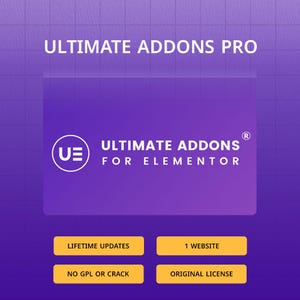 May include: A purple graphic with the text "ULTIMATE ADDONS PRO" at the top. Below is the logo "UE" and the text "ULTIMATE ADDONS FOR ELEMENTOR". Four yellow rectangles display the text "LIFETIME UPDATES", "1 WEBSITE", "NO GPL OR CRACK", and "ORIGINAL LICENSE".