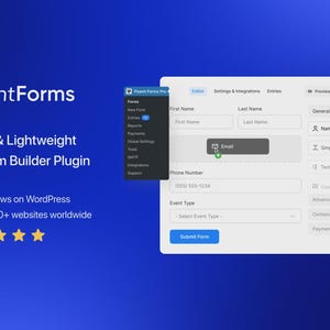 May include: A digital interface for a WordPress form builder plugin, with a blue and white logo that says "fluentForms". The interface shows form fields, including "Email" and "Submit Form". Text reads "The Fastest & Lightweight WordPress Form Builder Plugin".