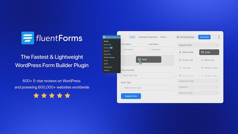 May include: A digital interface for a WordPress form builder plugin, with a blue and white logo that says "fluentForms". The interface shows form fields, including "Email" and "Submit Form". Text reads "The Fastest & Lightweight WordPress Form Builder Plugin".