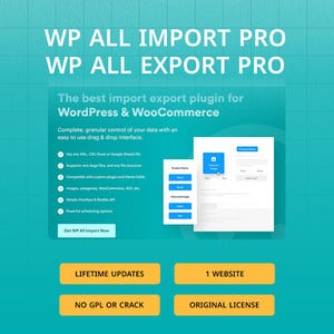 Może przedstawiać: Turkusowa grafika z tekstami "WP ALL IMPORT PRO" i "WP ALL EXPORT PRO". Obraz promuje wtyczkę importu/eksportu WordPress i WooCommerce. Zawiera funkcje, przykładowy interfejs i przyciski wezwania do działania.
