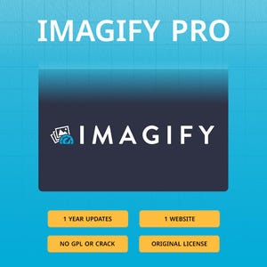以下が含まれることがあります： 上部に「IMAGIFY PRO」というテキストが入った青と白のグラフィック。中央の濃い青色の長方形には、ロゴ付きの「IMAGIFY」という文字が表示されています。その下に、「1 YEAR UPDATES」、「1 WEBSITE」、「NO GPL OR CRACK」、「ORIGINAL LICENSE」というテキストが入った4つの黄色の長方形があります。