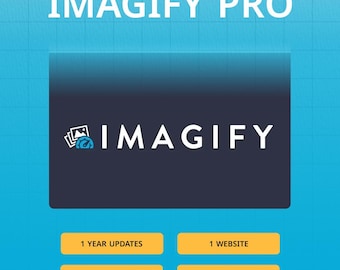 May include: A blue and white graphic featuring the text "IMAGIFY PRO". A dark blue rectangle in the centre displays the word "IMAGIFY" with a logo. Below are four yellow rectangles with text: "1 YEAR UPDATES", "1 WEBSITE", "NO GPL OR CRACK", and "ORIGINAL LICENSE".