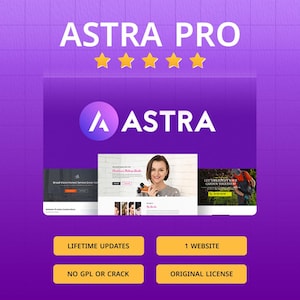 Könnte beinhalten: Eine lila-weiße Grafik mit dem Text "ASTRA PRO" und fünf goldenen Sternen. Das Bild enthält das Logo "A ASTRA" und Website-Screenshots. Darunter stehen die Sätze "LIFETIME UPDATES", "1 WEBSITE", "NO GPL OR CRACK" und "ORIGINAL LICENSE".