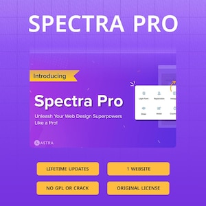 May include: A purple graphic with the text "SPECTRA PRO" at the top. The image introduces "Spectra Pro" with the tagline "Unleash Your Web Design Superpowers Like a Pro!" and features icons and text boxes with options like "Lifetime Updates."