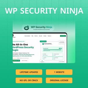 May include: An advertisement for WP Security Ninja, a WordPress security plugin. The image displays the plugin's logo, a screenshot of its dashboard, and text promoting features such as lifetime updates and an original license. The background is a green gradient.