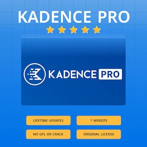 May include: A blue graphic with the text "KADENCE PRO" in white. The image includes five gold stars, a logo, and the phrases "LIFETIME UPDATES", "1 WEBSITE", "NO GPL OR CRACK", and "ORIGINAL LICENSE" in yellow boxes.