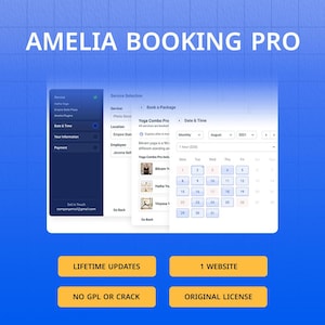 Puede incluir: Una interfaz digital para Amelia Booking Pro, con un menú de selección de servicios, opciones de fecha y hora y un calendario. La interfaz se muestra sobre un fondo azul con el texto "AMELIA BOOKING PRO".